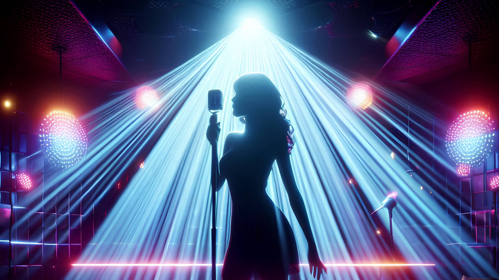 A singer in silhouette under stage lights on the main stage